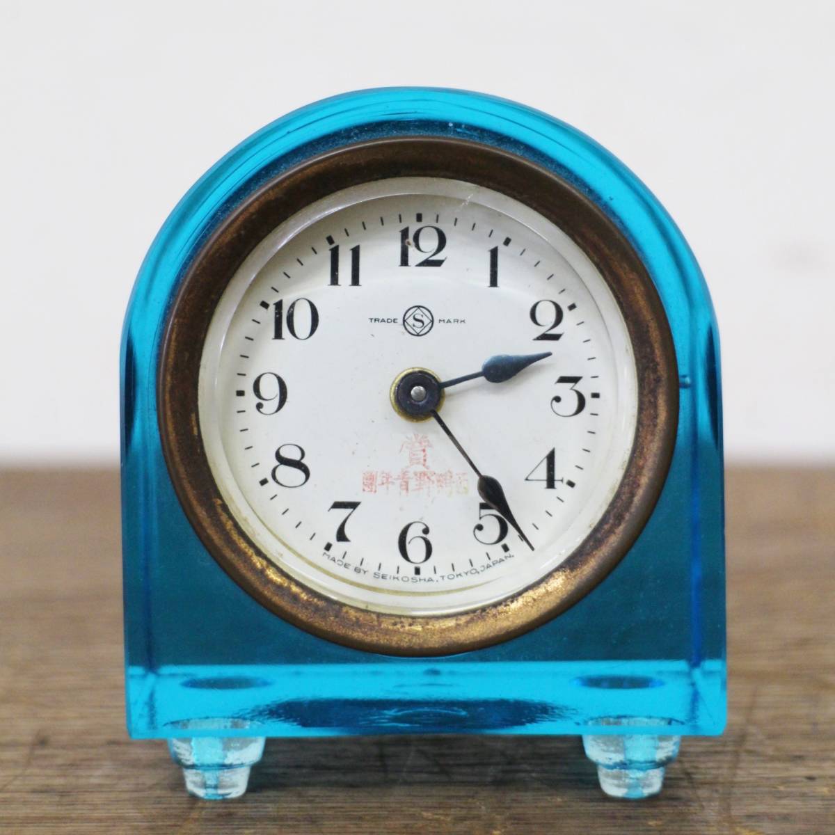 レトロ 青ウランガラス時計置き時計-