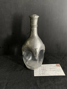 フランス 1900-20s ピューター 錫 カラフェ デキャンタ ボトル グラス 花瓶 吹きガラス 古硝子 ワイン ガラス 民藝 骨董 アンティーク