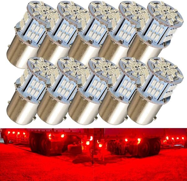 『送料無料』超高輝度 S25 G18 シングル 12V 24V 兼用 バイクからトラック 3014 54SMD LEDバルブ レッド 10個 赤 Di ランプ ライト