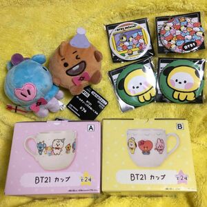 BT21マグカップ 全２種セット　minini　缶バッジ　ボールチェーン付きぬいぐるみ～　HAPPY KNITTY～（２種類）