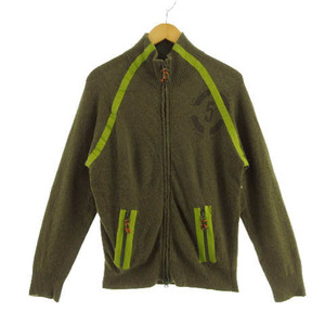 fif tea five ti- SL 55DSL jacket knitted sweater stand-up collar double Zip Italy made wool . khaki green M