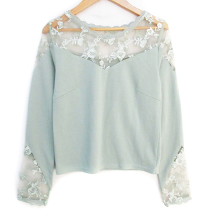  Dazzlin dazzlin cut and sewn long sleeve V neck switch see-through embroidery race F mint green /FF34 lady's 