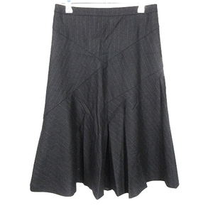  Ined INED skirt flair knee height back fastener wool thin stripe 2 black black gray bottoms /NA lady's 