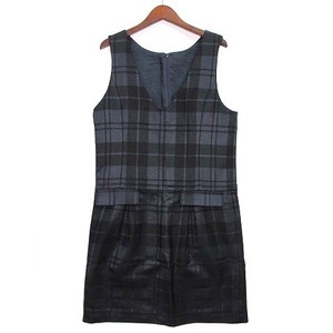  Comme Ca Du Mode COMME CA DU MODE check V neck jumper skirt no sleeve One-piece knees height wool navy navy blue 9 lady's 