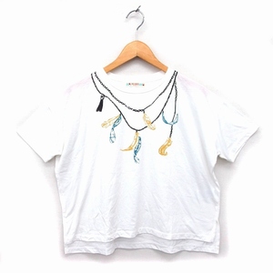  Beams Heart BEAMS HEART cut and sewn T-shirt boat neck wide print long tail .. feeling short sleeves white white /NT6 lady's 