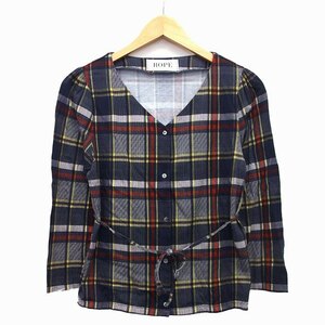  Rope ROPE no color shirt check pattern long sleeve V neck waist ribbon cotton cotton 38 charcoal ash /HT14 lady's 