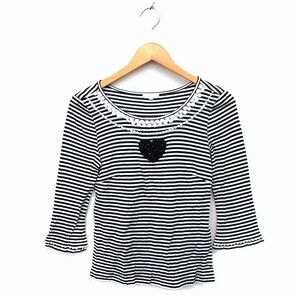 トゥービーシック TO BE CHIC カットソー Tシャツ ボートネック レース ビーズ装飾 ハート ボーダー 七分袖 2 黒 ブラック /NT8 レディース