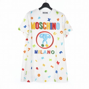 未使用品 モスキーノ MOSCHINO 20SS ダブルクエスチョン プリント ワンピース Tシャツ カットソー 総柄 36 ホワイト 白 A0445 レディース