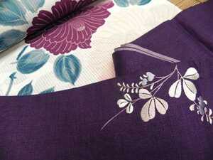 撫松庵　麻　半幅帯　半巾帯　紫　リバーシブル　萩　パープル　浴衣帯　細帯　夏帯　浴衣用帯　刺繍　紫　萩