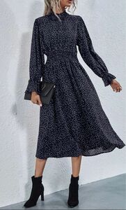 SHEIN ドット　ワンピースドレス シール ネック ＆ ウエスト 水玉模様　フリル　新品未着用　ネイビー