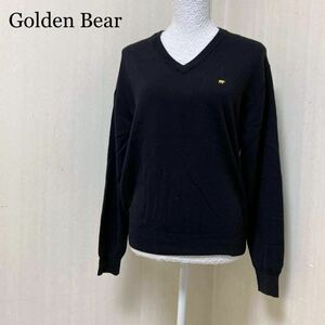 golden bear ゴールデンベア ゴルフウェア　黒ニット 無地 深Vニット Vネック スワールニット M ウール素材 セーター トップス