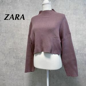 ZARA ザラ　美品　リブニット　くすみカラー　トップス　ピンクグレー　パープル　ショート丈　ざっくりニット　タートルニット