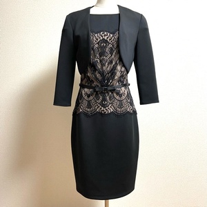 #anc タダシショージ TADASHI SHOJI ワンピーススーツ セットアップ 6 黒 ベージュ レース ベルト付き レディース [638822]