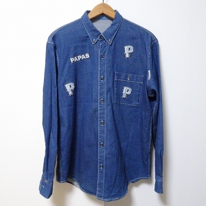 #apc パパス Papas 長袖シャツ M 青 デニム 英字 ワッペン ロゴ メンズ [783740]