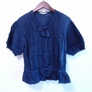 #spc Pink House PINKHOUSE shirt blouse navy blue short sleeves frill ribbon puff sleeve lady's [797711]