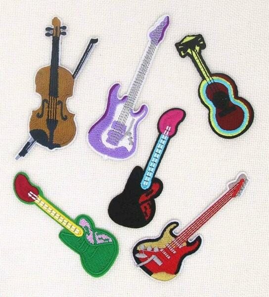 楽器6種　ワッペン　アイロンパッチ　刺繍　ギター　ベース　バイオリン　ロック