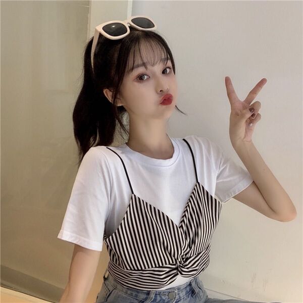 tシャツ レイヤード ビスチェ ストライプ 半袖 レディース 韓国 オルチャン ホワイト ストライプ 夏
