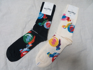 〇即決送料込！新品タグ付合計定価￥3,080 北欧 Happy Socks ハッピーソックス 占い水晶柄 紳士靴下クルー丈ソックス 白黒色違い2足セット