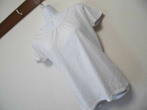 assk1091☆　■■Plus sien■■　半袖ドットカットソー　トップス　丸首　Tシャツ　水玉　白　Lサイズ　バスト86-94　綿混素材