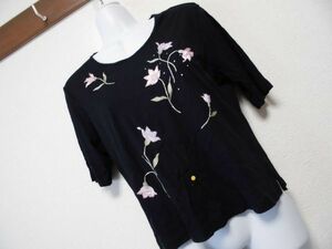 assk1195☆　■■ELTOULA■■　花刺繍半袖カットソー　トップス　丸首　ミセス　ブラック　綿100％　日本製