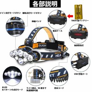 LEDヘッドライト USB充電式 高輝度 8LED 充電池付きUSB充電 LEDヘッドライト 高輝度 ヘッドランプ 充電式 IPX5 アウトドア の画像3