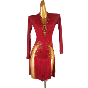 新品　レディース競技ドレス　ルンバラテンドレス 社交ダンス衣装　ダンスショートワンピース　サイズ調整可　落ち着いた赤色