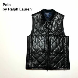 ☆美品 ラルフローレン Ralph Lauren ジップアップ 中綿 キルティング レザーベスト 黒 size S 本革 ライダース 革ジャン