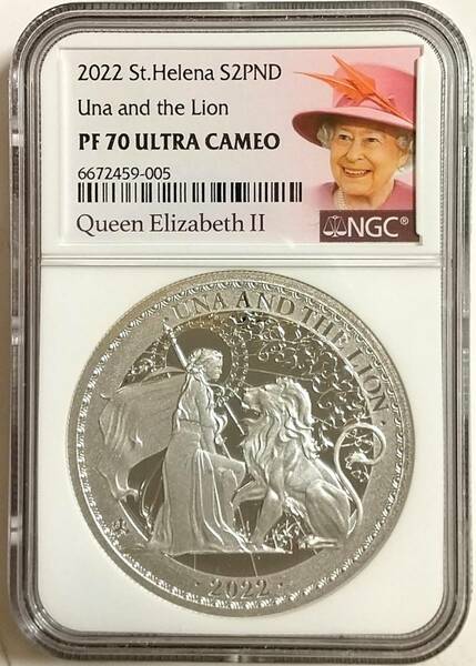 2oz 2022年 セントヘレナ ウナとライオン 2ポンド 2オンス プルーフ 銀貨 NGC PF70 ULTRA CAMEO 女王ラベル イギリス