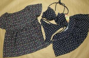 Beach Assure* polka dot x small flower * swimsuit 4 point set /B- navy *11[ new goods ]