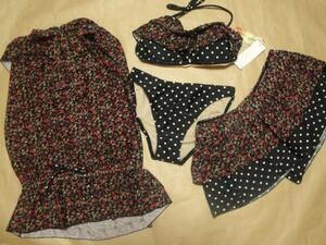 Beach Assure* polka dot x small flower * swimsuit 4 point set /A- black *11[ new goods ]