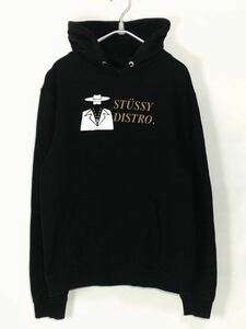 【日本製】STUSSY DISTRO ステューシー スウェット パーカー プルオーバー フーディー 黒×金 S