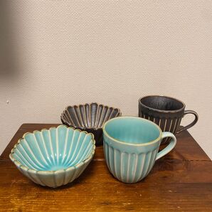 【お箱付・新品】美濃焼 孔雀 マグカップ&ボウル ターコイズ&ブラウン セット