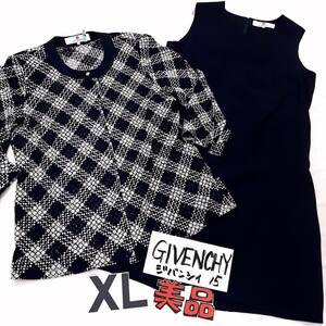 J7★GIVENCHY★送料無料★本物ブランド ジバンシイ レース7分袖ロング丈ジャケット ノースリーブ膝丈ワンピーススーツ★15 XLサイズ 紺色