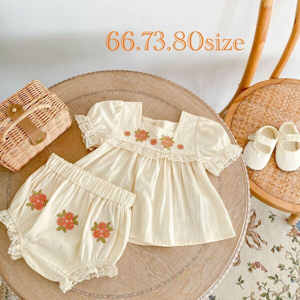 韓国子供服　オレンジ　花柄　刺繍　セットアップ　パンツ　トップス　夏服　女の子　かわいい　誕生日　おしゃれ　60 70 80サイズ