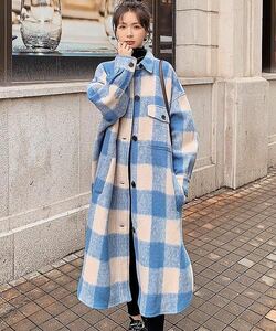  long coat blue .. wool coat silver chewing gum check turn-down collar coat 