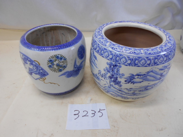 低価格 茶道具 レトロ 丸火鉢 陶器 染付 色絵 山水 絵図 手あぶり