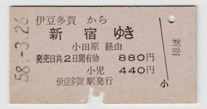 ★国鉄★伊豆多賀から新宿ゆき★小田急連絡乗車券★硬券★昭和58年