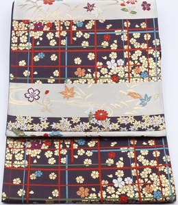 振袖用 袋帯 正絹 青グレー 紫 銀 桜 菊 紅葉 Mサイズ F3329 未使用品 公式行事 送料無料 リサイクル