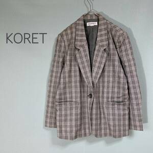 ◎KORET コレット テーラードジャケット ジャケット カーキ色 チェック柄 レディース Lサイズ相当 毛100％ レトロ 古着　60