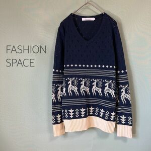 ◎FASHION SPACE ニット 長袖ニット セーター 透かし編みニット ノルディック柄 レディース Mサイズ ネイビー×白色　21