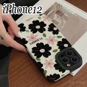 iPhone12☆新品☆花柄 黒×ピンク スマホケース 携帯電話ケース ソフト