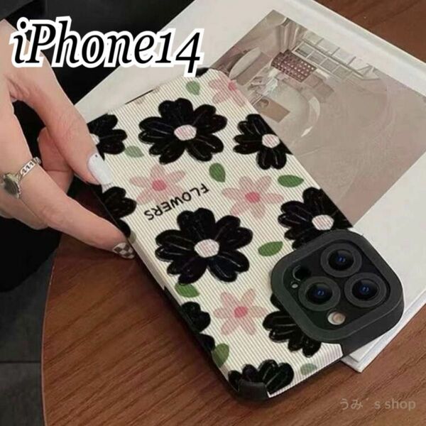 iPhone14☆新品☆花柄 黒×ピンク スマホケース 携帯電話ケース ソフト