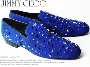 ■新品正規14万【JIMMY CHOO】ジミーチュウ/SLOANE/ミックススタースタッズスウェードブルーレザースリッポンシューズ43/28㎝/ C144