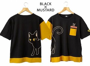 ラミ＆アール レイヤード半袖Tシャツ◆LIN ブラック×マスタードXXLサイズ AL-75053 猫 ねこ 鼠 ネズミ 刺繍 男女兼用 ユニセックス