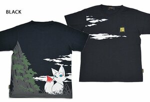 妖怪にゃんこ半袖Tシャツ◆今昔 ブラックXXLサイズ KJ-22008 和柄 和風 狐 キツネ きつね ネコ 猫 こんじゃく