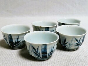 煎茶道具　煎茶碗まとめて5客 在銘 龍峯 染付 竹 茶道具