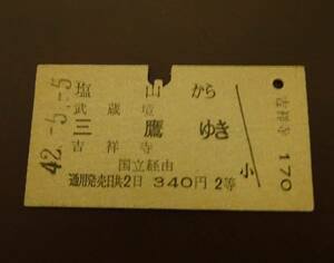 ★国鉄 硬券乗車券♪塩山駅から武蔵境・三鷹・吉祥寺駅ゆき（国立経由）2等♪昭和42年5月5日★