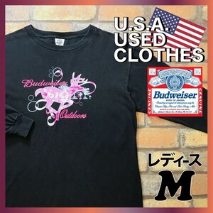 ME5-728 ★ USA использовала одежду ★ Немного редко ★ [Budweiser на открытом воздухе Budweiser] Футболка с длинным рукавом с розовой лентой [Ladies M] Черное пиво