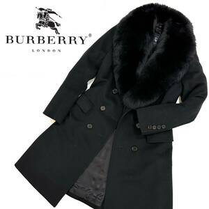 美品!!三陽商会 Burberry London バーバリー リアルファー付 カシミヤ25% 柔らかい ウール ロング コート(44)ブラック 黒 レディース 