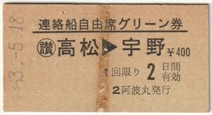 昭和５３年５月１８日　高松→宇野連絡船自由席グリーン券　阿波丸発行　№７９４８